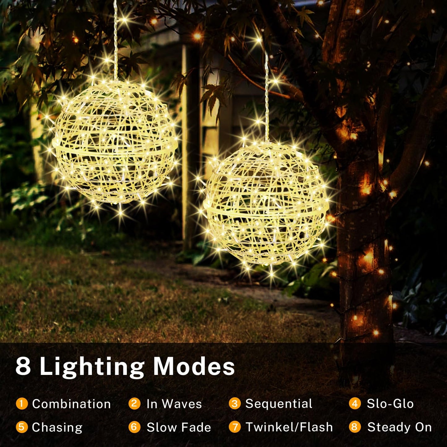 Outdoor Christmas Balls Lights 4 Pack Hanging 7.9" LED Garden Sphere Tree Lights 8 Modes Waterproof Glow Globe Lights with Memory Timer Plug for Party Yard Porch Eave Patio Xmas Decoration-Warm White