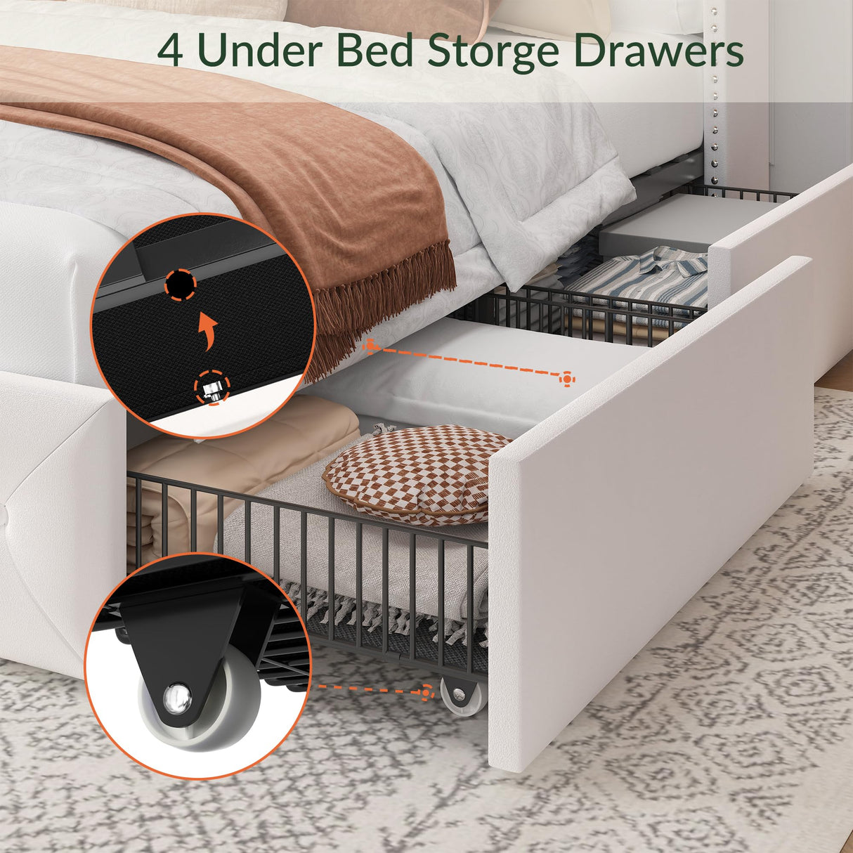 LARMACE Queen Size Bed Frame with Storage Drawers and Tufted Headboard Velvet Upholstered Platform Bed Frame with LED Light Wingback Beds with Wooden Slats Support, Easy Assembly, White LARMACE