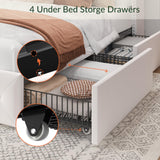 LARMACE Queen Size Bed Frame with Storage Drawers and Tufted Headboard Velvet Upholstered Platform Bed Frame with LED Light Wingback Beds with Wooden Slats Support, Easy Assembly, White LARMACE