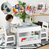 Kinder King Kids Wood Table & 2 Chairs Set, 4 in 1 Children Activity Table w/Double Bookcase, Blackboard, Toddler Furniture Set for Art, Crafts, Drawing, Reading, Playroom, Grey Kinder King