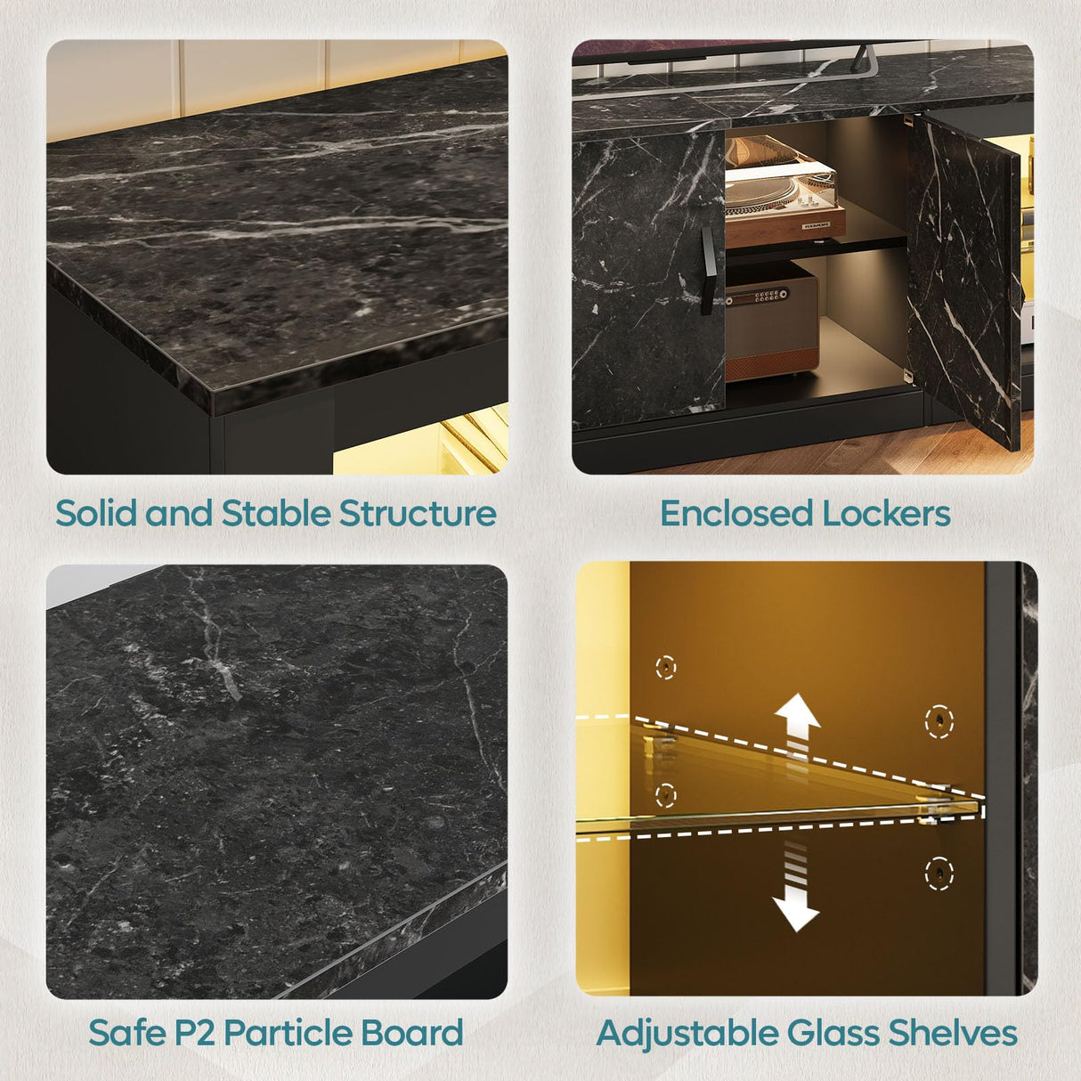 Bestier 80 Inch TV Stand for 75/85/86 inch TVs, LED Gaming Entertainment Center for PS5 with Storage Cabinet &Adjustable Glass Shelves, Modern TV Console Table for Living Room Bedroom, Black Marble Bestier