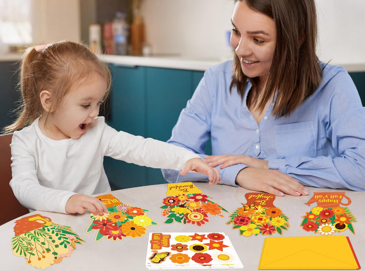 80UncleKimby 36 Set Fall DIY Craft for Kids - Thanksgiving Flower Card Making Kit with Autumn Greeting Cards Stickers Envelopes Set Gifts for Classroom School Activities 80UncleKimby