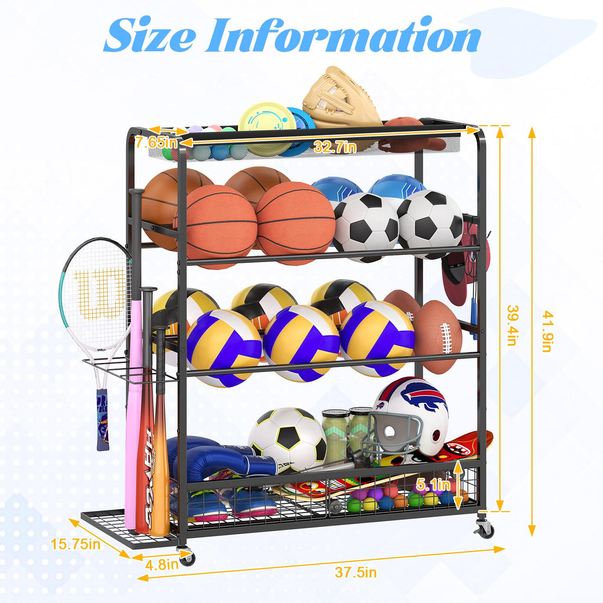 Jsskeeim Garage Sports Equipment Storage Rack,Wheeled Sports Ball Storage Bin,Garage Sports Equipment Organizer,Ball Organizer Toy Organizer with Baseball Bat Holder and Hooks-Black Jsskeeim