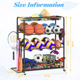 Jsskeeim Garage Sports Equipment Storage Rack,Wheeled Sports Ball Storage Bin,Garage Sports Equipment Organizer,Ball Organizer Toy Organizer with Baseball Bat Holder and Hooks-Black Jsskeeim