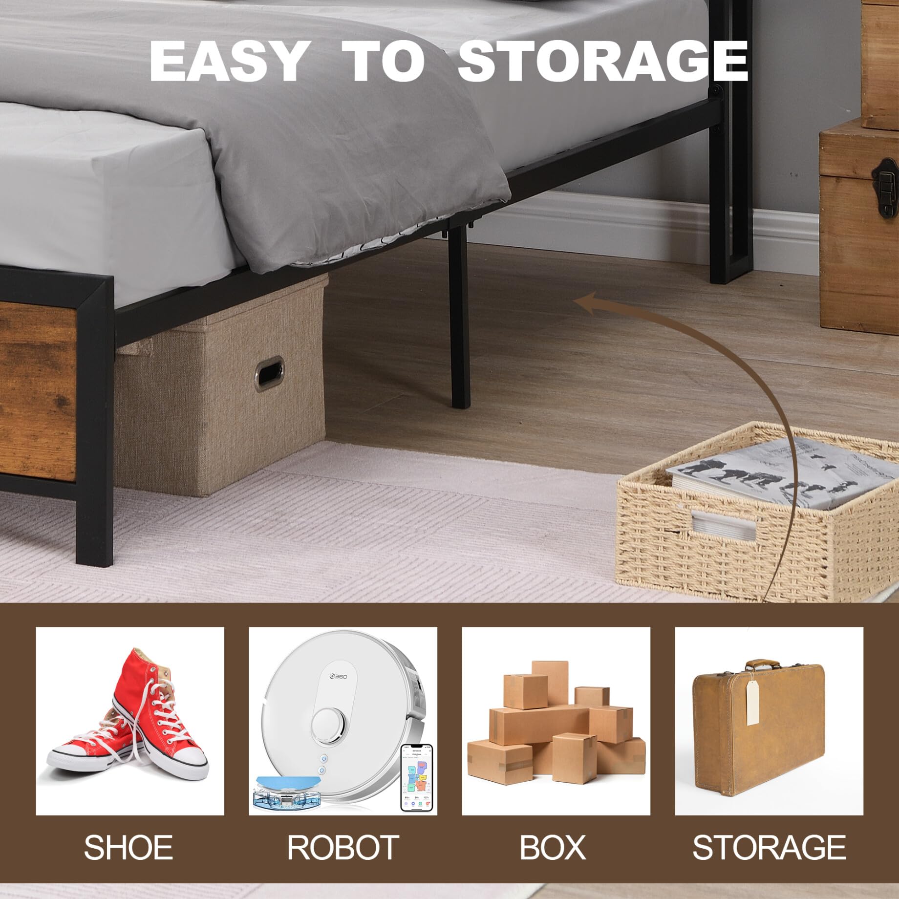 Industrial Full Bed Frame with LED Lights, USB Ports, and Under-Bed Storage in Brown - WoodArtSupply