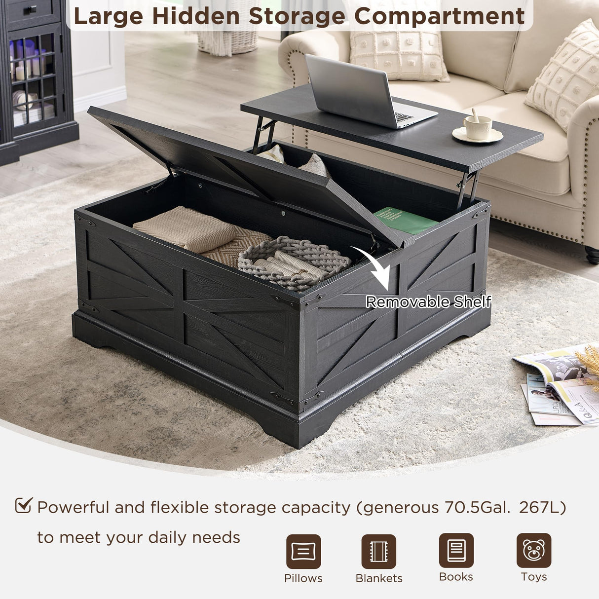 JXQTLINGMU Farmhouse Lift Top Coffee Table with Storage, 36" Wood Square Center Table with Large Hidden Compartment, Rustic Lift Tabletop Dining Table for Home Living Room, Black JXQTLINGMU