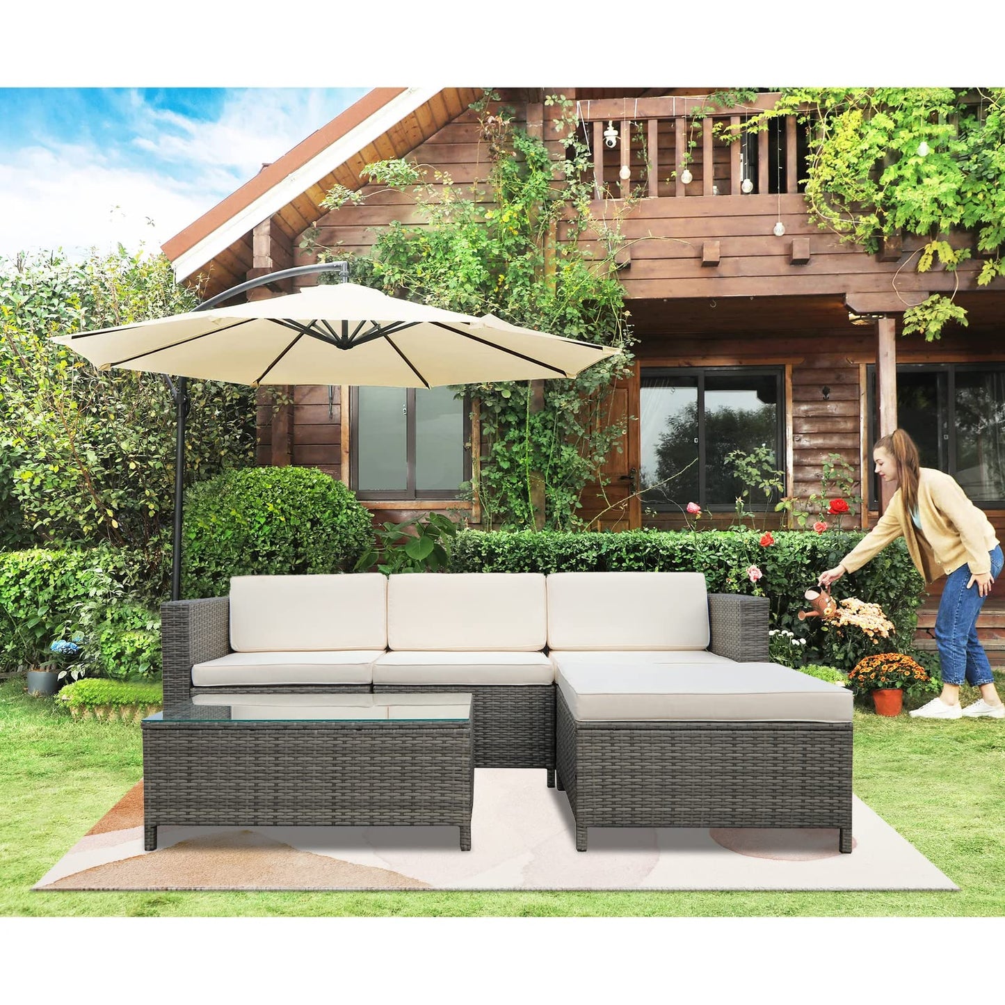 May in Color 5 Piece Outdoor Patio Sectional Furniture Set, Weather Resistant Rattan Outside Couch, Waterproof Conversation Sofa for Balcony, Porch, Backyard, Deck, Garden,Beige - WoodArtSupply