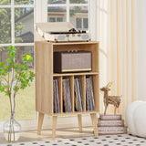 Lerliuo Record Player Stand, Burlywood Turntable Stand Holds up to 160 Albums, Mid-Century Vinyl Storage Cabinet Table with Solid Wood Legs, Record Player Holder Dispaly Shelf for Bedroom Living Room Lerliuo
