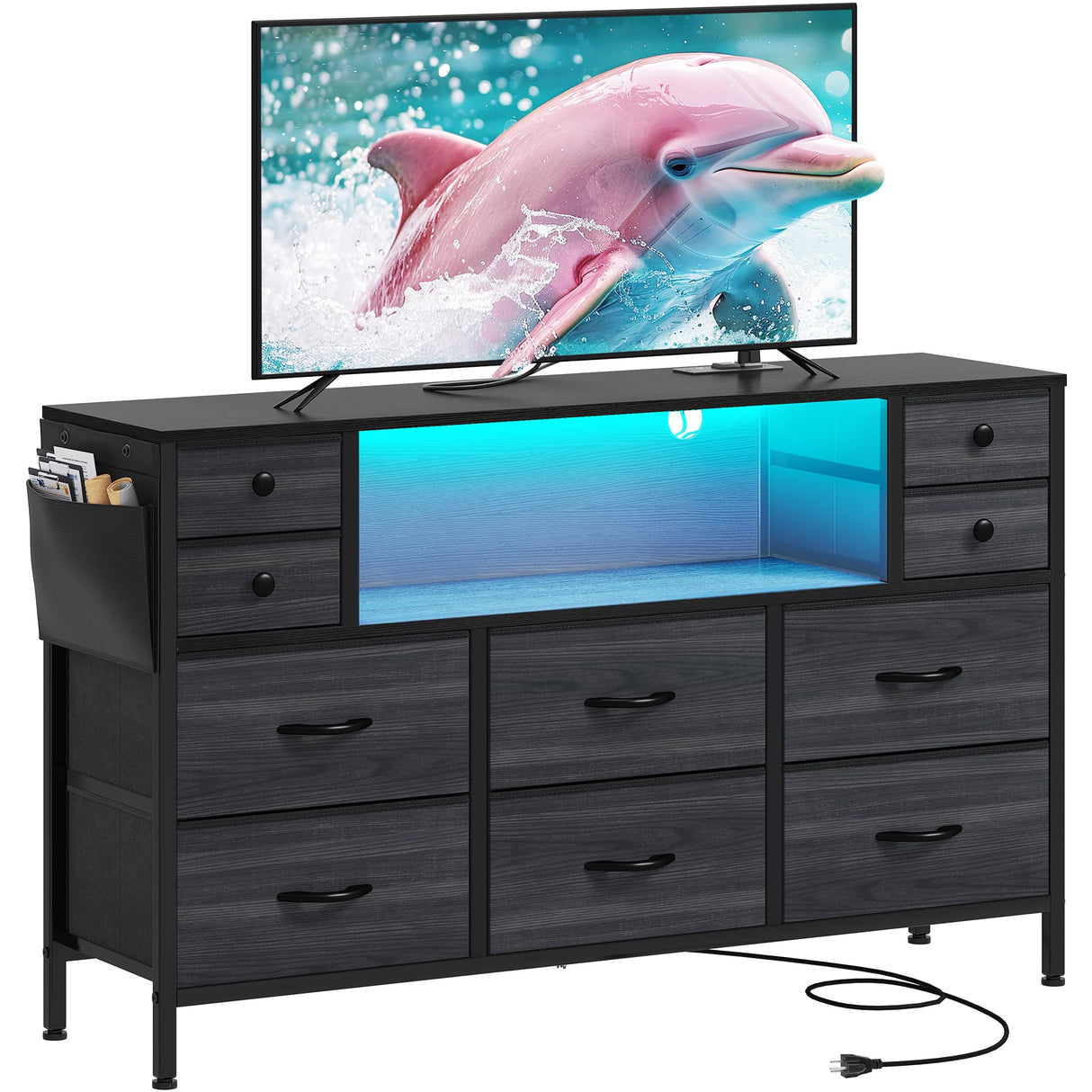 YITAHOME TV Stand with Charging Station, Dresser TV Stand for 55'' TV, 10 Drawer Dresser for Bedroom, Media TV Console Table with Side Pockets & Hooks, Storage Fabric Drawer Unit for Bedroom YITAHOME