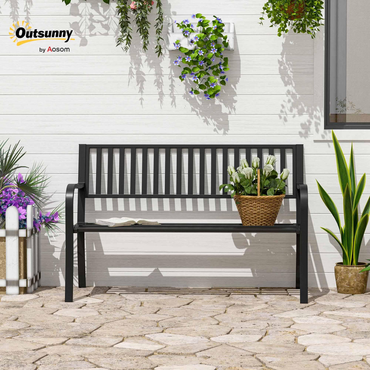 Outsunny 50" Outdoor Garden Bench, Patio Bench with Slatted Seat, Metal Porch Bench for Backyard, Poolside, Lawn, Black Outsunny