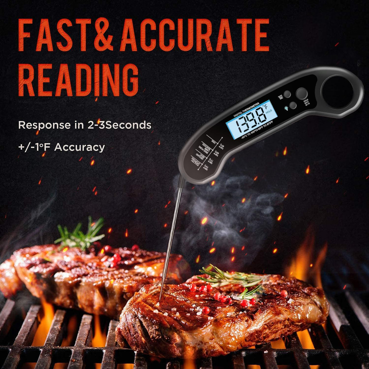 Meat Thermometer Digital, Instant Read Meat ThermometerI for Grill and Cooking, Waterproof Food Thermometer for Kitchen and Outside, BBQ, Turkey, Candy, Liquids, Beef ROUUO