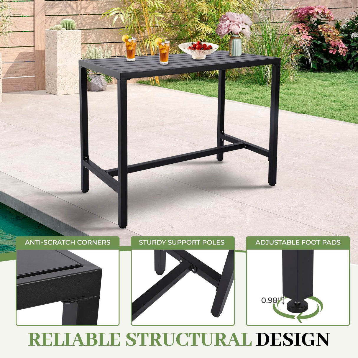 ONLYCTR Outdoor Bar Table, Patio Counter Height Bar Table, 47" Rectangle Bar Table for Patio, Garden, Yard, Balcony, Poolside (Black, 47'') ONLYCTR