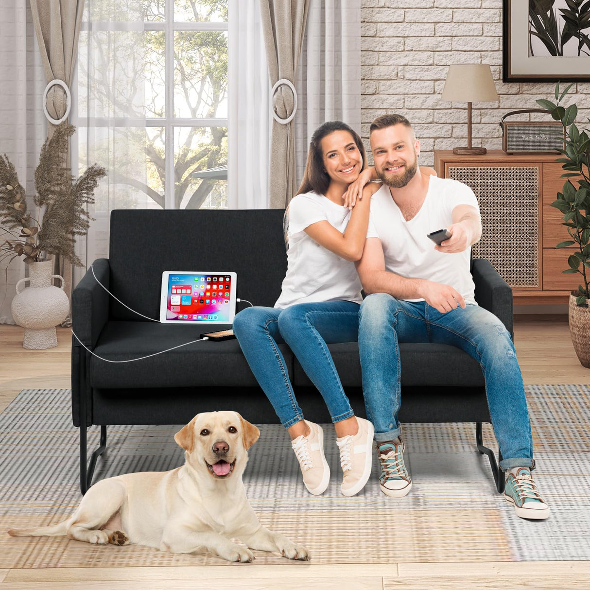 STHOUYN 51” Small Loveseat Sofa for Small Spaces, Comfy Black Couch with 2 USB Ports, Modern 2 Person Loveseats for Living Room Bedroom, Mini Teen Office Couch (Black) STHOUYN