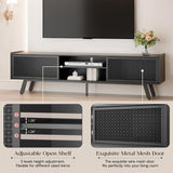 Buytime Black TV Stand for 65 70 Inch TV, Modern Iron Rattan TV Console with Sliding Door, Entertainment Center with Storage and Adjustable Shelves, Media Console for Living Room and Bedroom Buytime