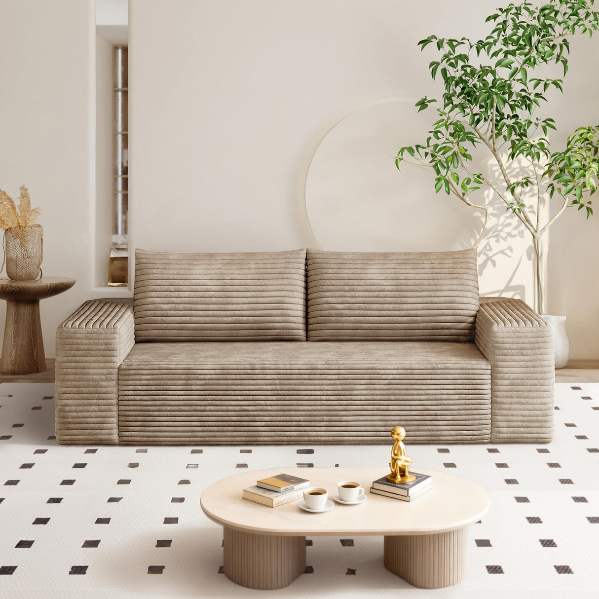 63" Corduroy Loveseat Sofa, 2-Seater Cloud Couch, Boneless Couch in a Box, Comfy Deep Seat Sofa with Memory Foam, Pillows and Wide Armrests, Modern Small Couches for Small Spaces, No Assembly (Camel) IZLKQC