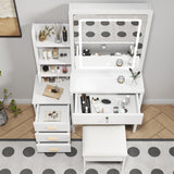 Makeup Vanity Desk with Mirror and Lights, White Vanity Table Set with 4 Drawers & Sliding Mirror & Storage Shelves, 3 Lighting Modes Brightness Adjustable, Vanity Dressing Table and Stool Montary