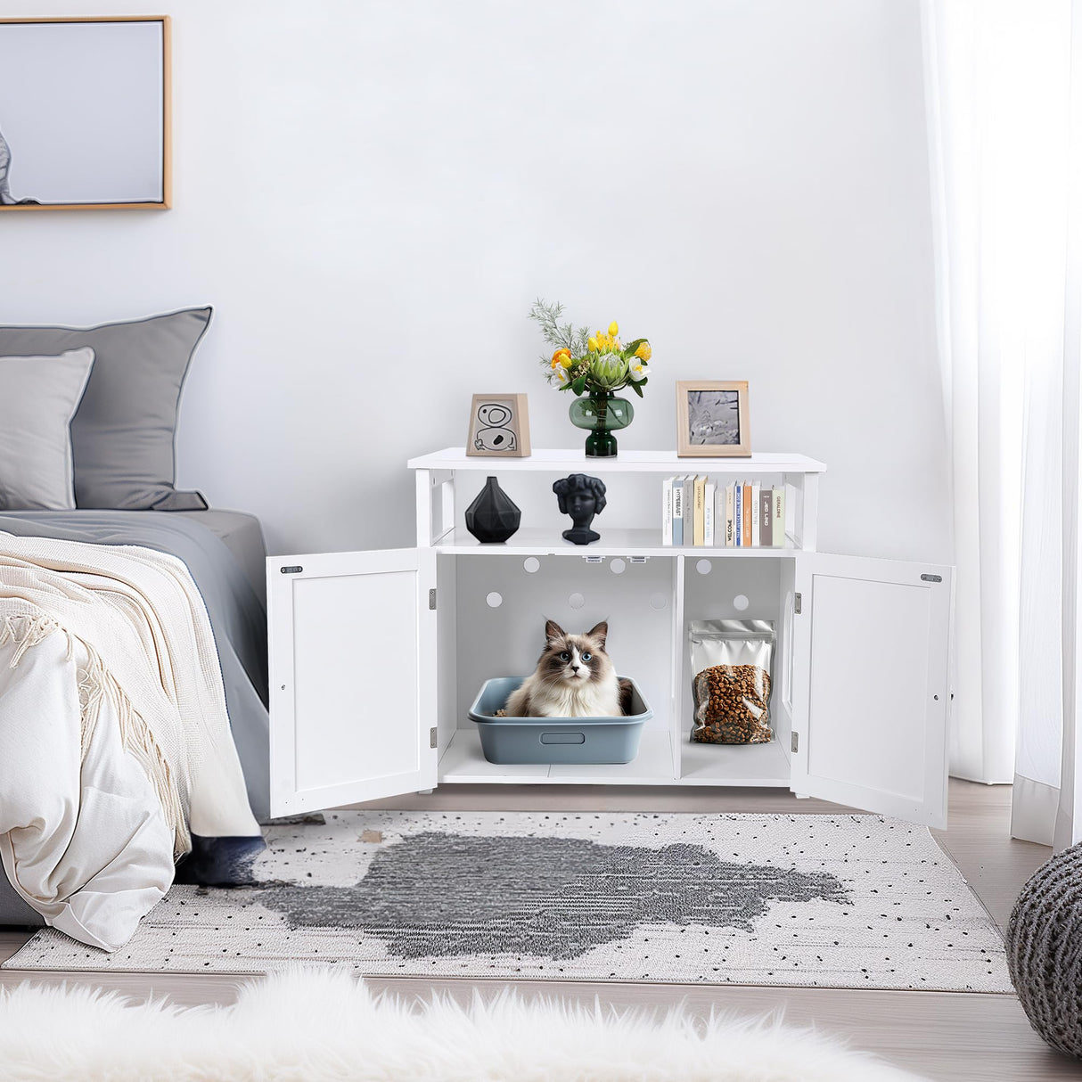 ZENY Cat Litter Box Enclosure, Cat Litter Box Furniture Hidden with Open Shelf, Wooden Cat Litter Cabinet with Divider, Indoor Cat Washroom Storage Bench, White ZENY