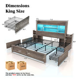 LUXOAK King Bed Frame with 49.6" Bookcase Headboard & 2 Bedside Stoage Racks & 4 Drawers, Farmhouse Wood Bed Frame with RGB LED & Charging Station, No Box Spring Needed, Grey LUXOAK