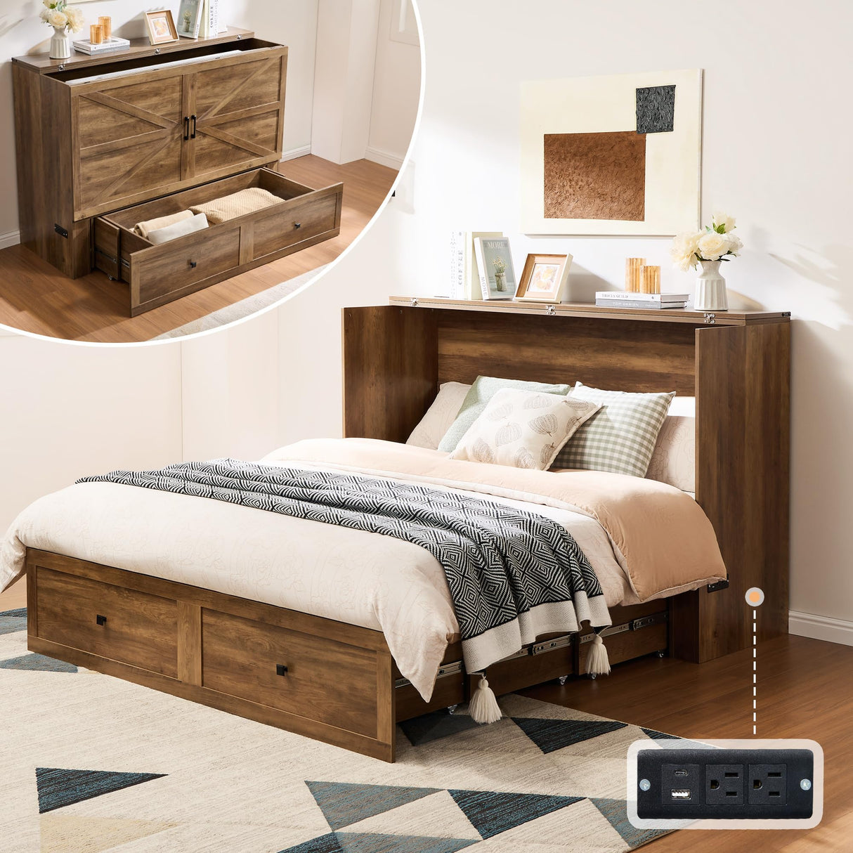 AMERLIFE Queen Murphy Bed Cabinet with Charging Station and Storage, Farmhouse Foldable Platform Bed for Guest Room, Office, Small Spaces, Barnwood AMERLIFE