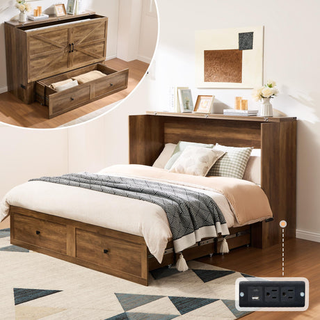 AMERLIFE Queen Murphy Bed Cabinet with Charging Station and Storage, Farmhouse Foldable Platform Bed for Guest Room, Office, Small Spaces, Barnwood AMERLIFE
