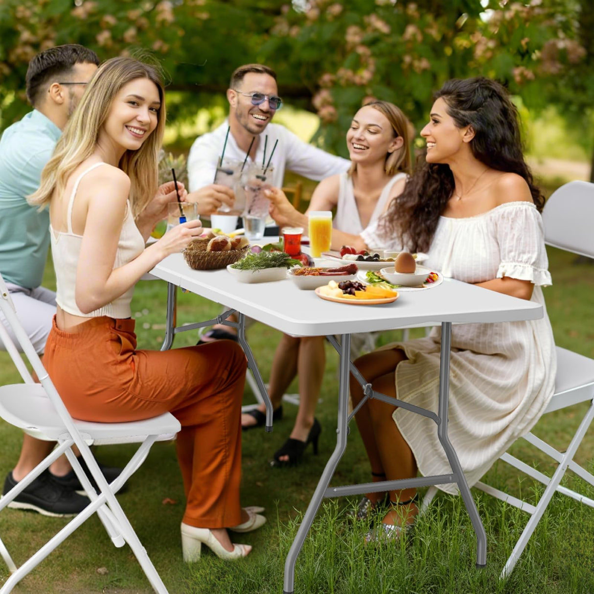 IWDOO Foldable Table 6ft, Plastic Folding Table, Portable Heavy Duty Dining Table with Lock Function & Carrying Handle, Outdoor Indoor Foldable White Table for Camping Party Picnic IWDOO