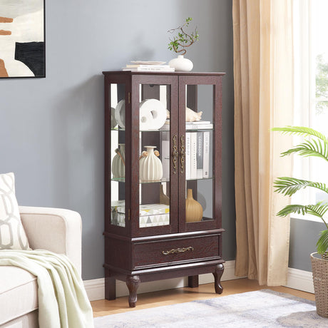 CQSXDA Vintage Lighted Curio Storage Cabinet with 1 Drawer, Mirrored Back & Tempered Glass Doors, 3 Tier Storage Display Cabinet Adjustable Shelves Home Office Showcase,Brown CQSXDA