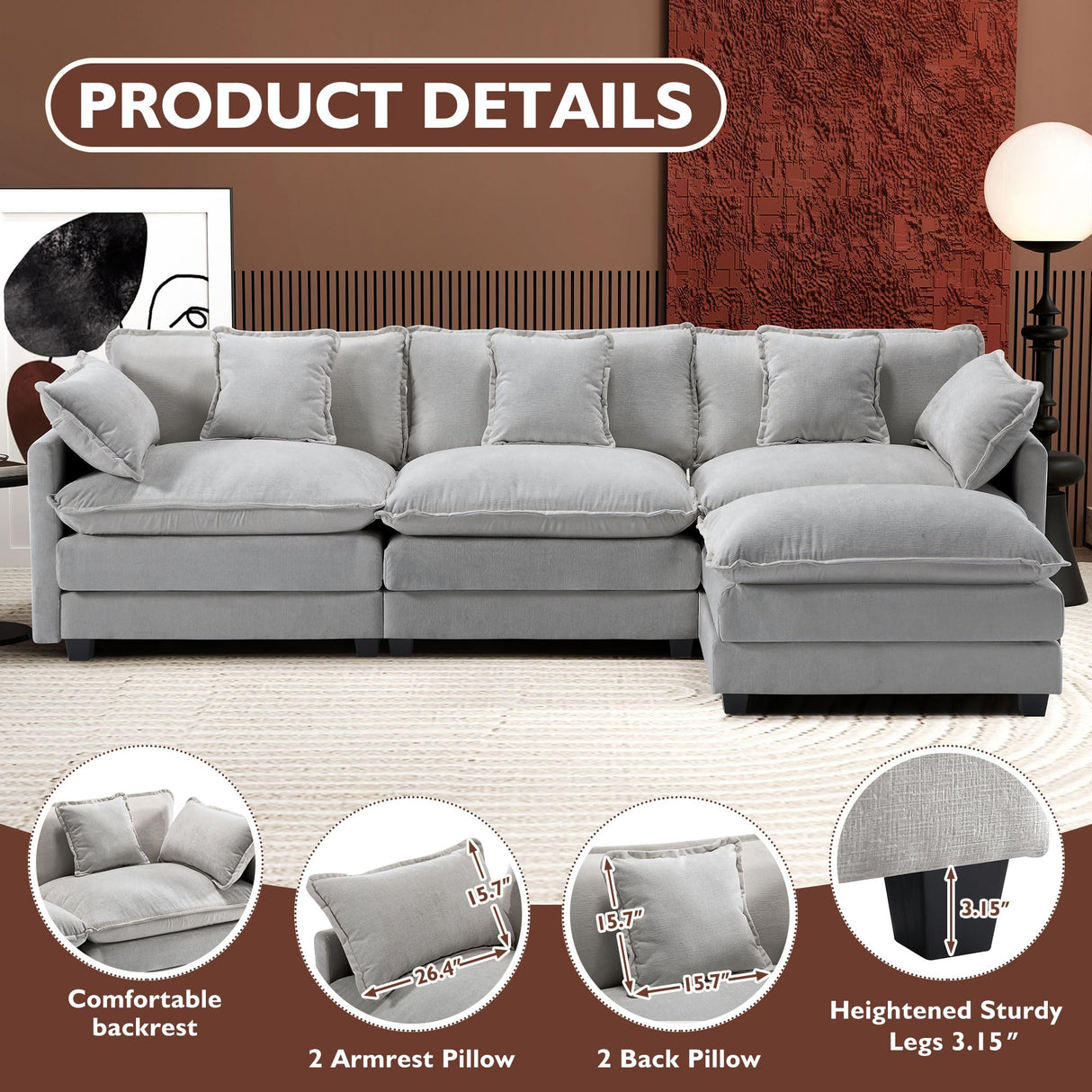 Ihanherry 111.4" L Shaped Modern Sofa Modular Sectional Cloud Couch with Ottoman, 4-Seat Chenille Deep Seat Sofa with Pillow for Living Room, Bedroom and Apartment, Grey Ihanherry