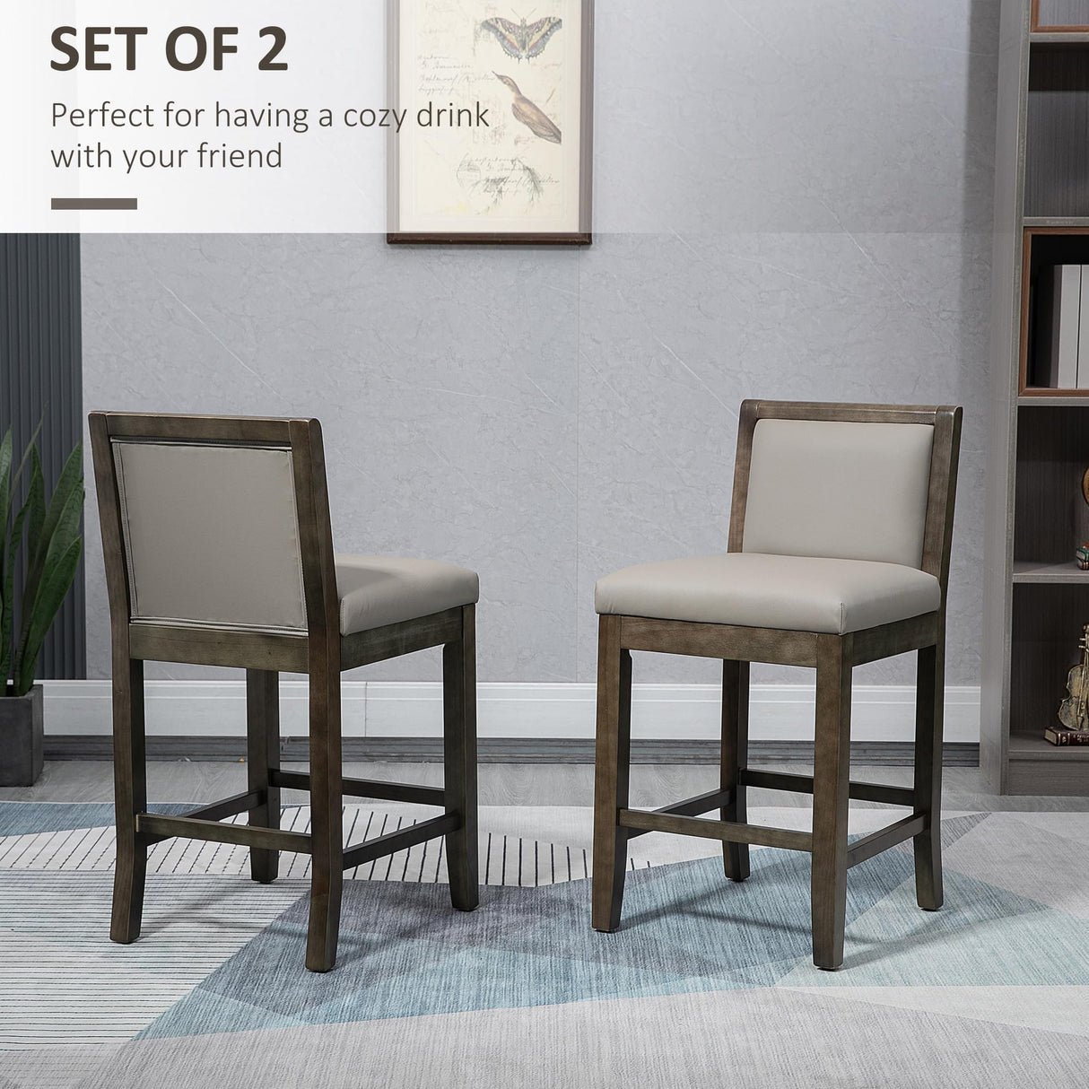 HOMCOM Set of 2 Grey PU Leather Counter Height Bar Stools with Back and Wood Legs HOMCOM