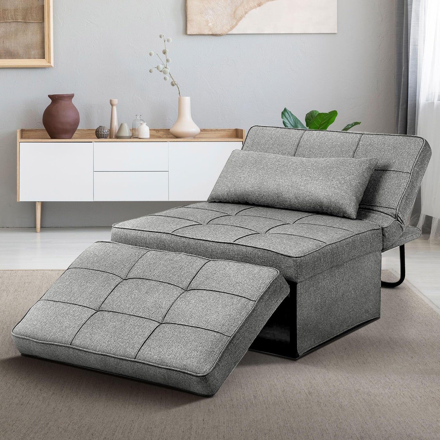 Ainfox Convertible Sofa Bed, 4 in 1 Multi-Function Folding Ottoman Bed with Adjustable Backrest, Modern Futon Couch No Assembly for Living Room Apartment Office Small Space (Light Grey)