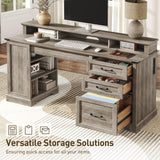 RALGEND 55'' Farmhouse Executive Desk with Drawers, Home Office Desk with File Cabinet and Storage Shelf, Charging Station, Computer Desk with Monitor Stand, Writing Gaming Desk, Greige RALGEND