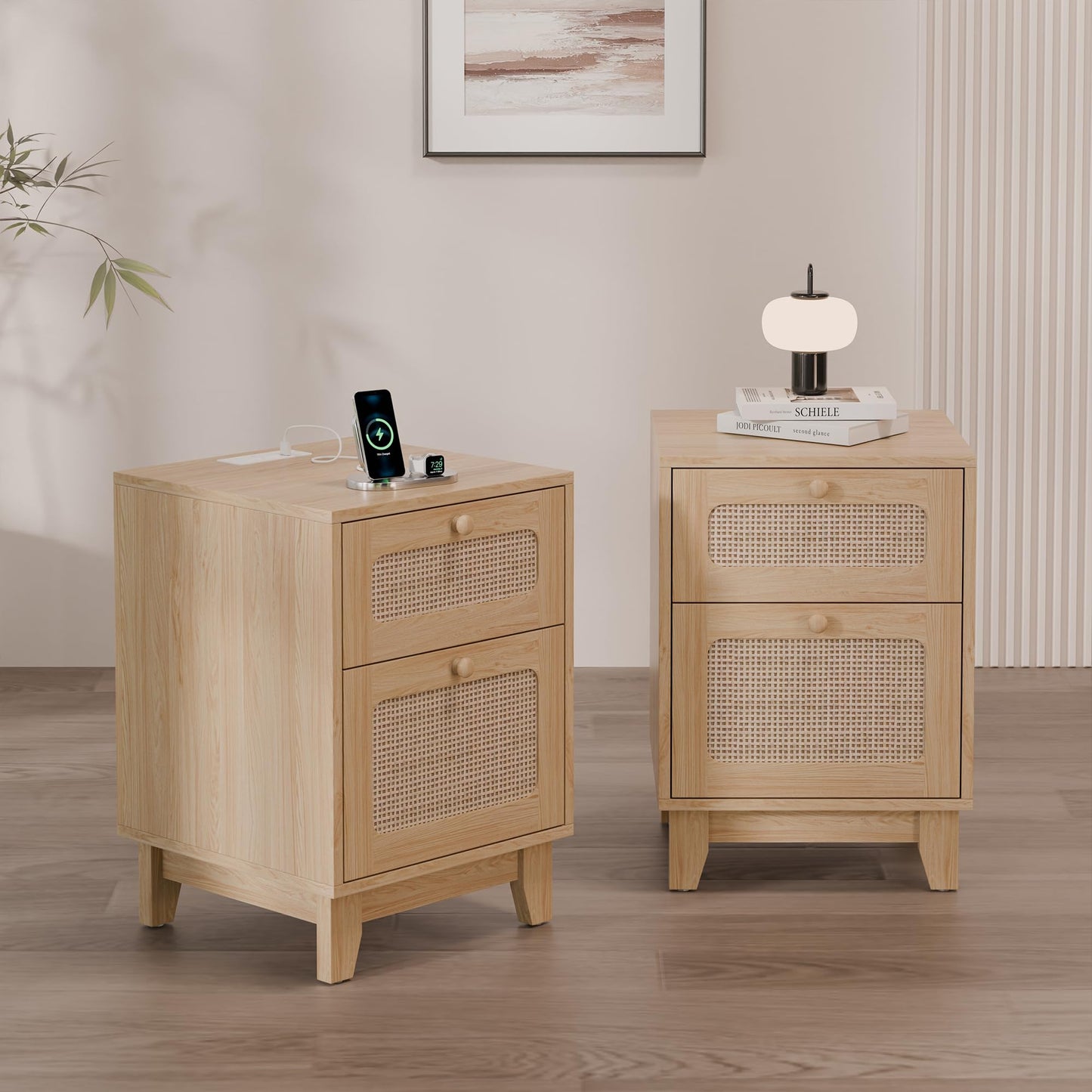 Modern Rattan Nightstand Set of 2, Wicker Rattan Stand with Drawer and Charge Station, Wooden Bedside Table for Small Spaces, Natural Wood Side Table for Bedroom (with Charging Station, 2) - WoodArtSupply