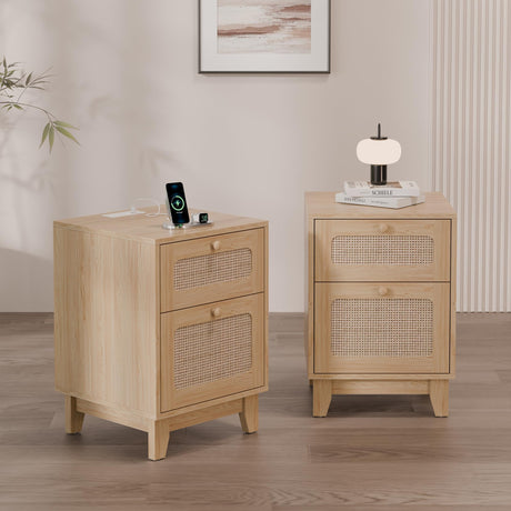 Modern Rattan Nightstand Set of 2, Wicker Rattan Stand with Drawer and Charge Station, Wooden Bedside Table for Small Spaces, Natural Wood Side Table for Bedroom (with Charging Station, 2) Redpick