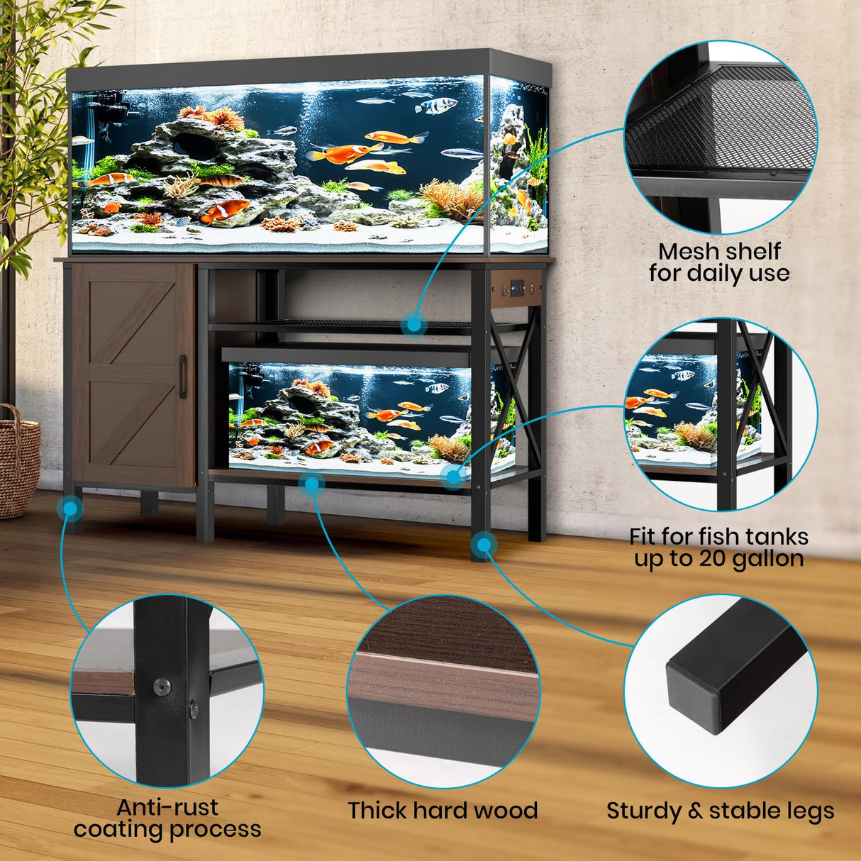 PAWZOO 55-75 Gallon Fish Tank Stand - Heavy Duty Aquarium Stand with Power Outlets, Cabinet for Fish Tank Accessories Storage, Metal Frame, Suitable for Fish Tank, Turtle Tank, 880LBS Capacity, Brown PAWZOO