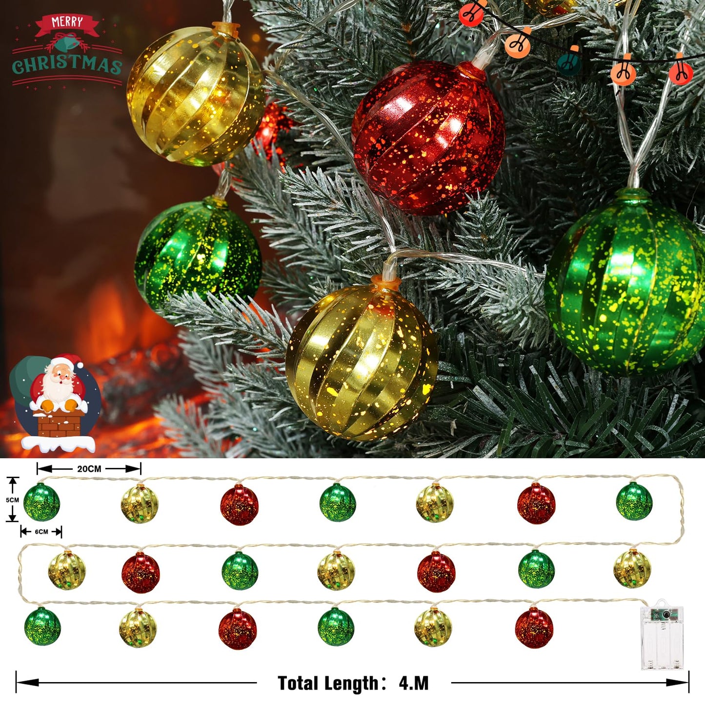 iShabao Christmas Decorations Lights, 13.5ft 20 Led Battery Christmas Lights with Timer & 8 Modes, Christmas Ball Ornaments Lights for Xmas Tree Wreath Window Wall Home Garden Outdoor Indoor Decor