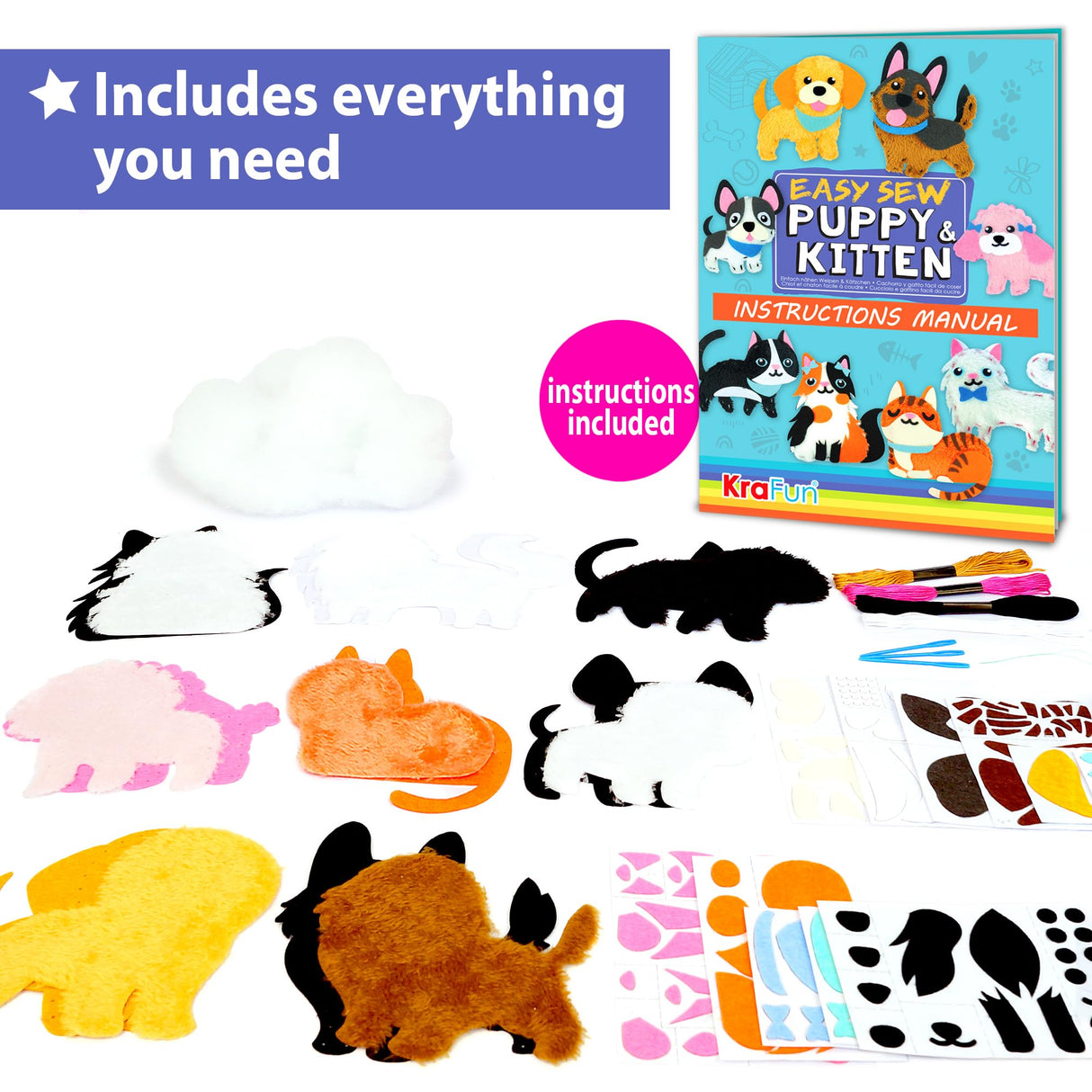 KRAFUN Easy Sewing Kit for Beginner Kids Arts & Crafts, 8 Easy DIY Projects of Stuffed Animal Dolls of Puppies & Kittens, Dogs and Cats, Instructions & Felt, Gift for Girls, Boys, Learn to Sew KRAFUN