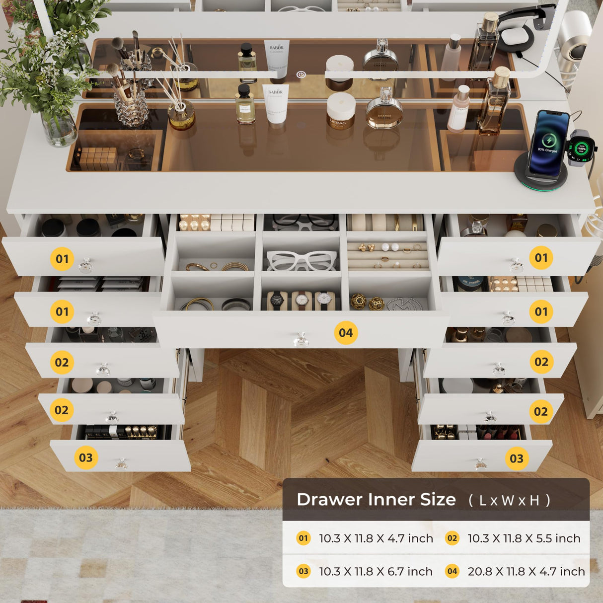 Otterease White Makeup Vanity, 11 Drawers Vanity Mirror with Lights, Makeup Vanity Desk with 3 Lighting Modes Adjustable Brightness, Vanity with Glass Top for Bedroom Otterease