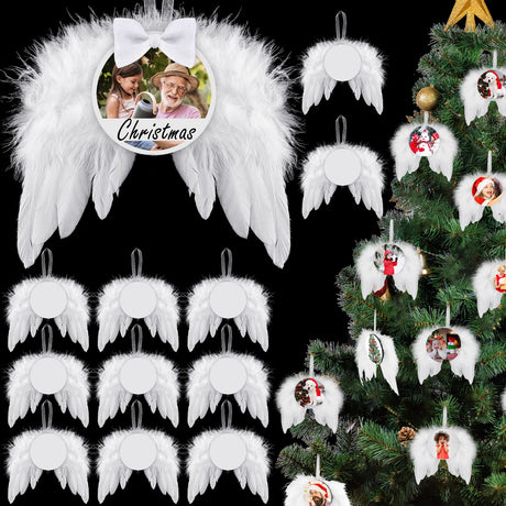 Christmas Sublimation Ornament Blank Decor White Angel Wings DIY Xmas Ornament Craft Hanging, Feather Hanging with Pendants for Christmas Tree Angel Wings Decor(12 Pcs,Round Style) Amyhill