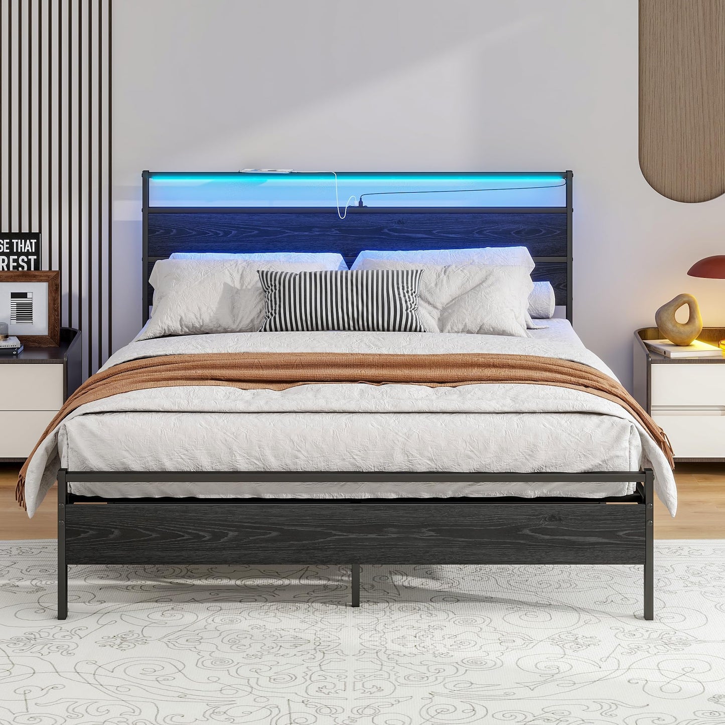 HOJINLINERO Queen Bed Frame with Headboard, LED Lights & Charging Station - Heavy Duty Metal Platform Bed - WoodArtSupply