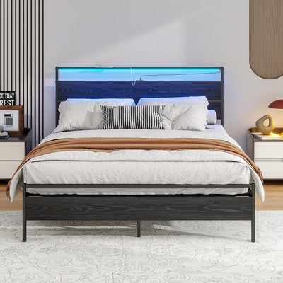 HOJINLINERO Queen Bed Frame with Headboard, LED Lights & Charging Station - Heavy Duty Metal Platform Bed