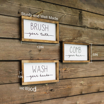 LIBWYS Bathroom Sign & Plaque (Set of 3) Wash Your Hands Brush Your Teeth Comb Your Hair Decorative Rustic Wood Farmhouse Bathroom Wall Decor (White)