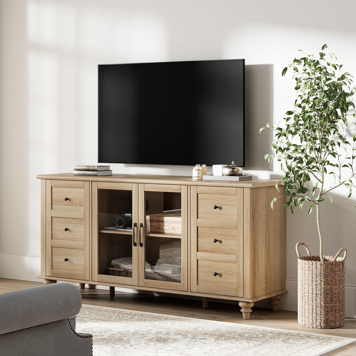 WAMPAT Farmhouse Sideboard Buffet Cabinet with Glass Door & Adjustable Shelf, Wooden Coffee Bar Table with Solid Wood Leg, Kitchen Storage Cabinet for Dining Room, Oak, 58 Inch WAMPAT