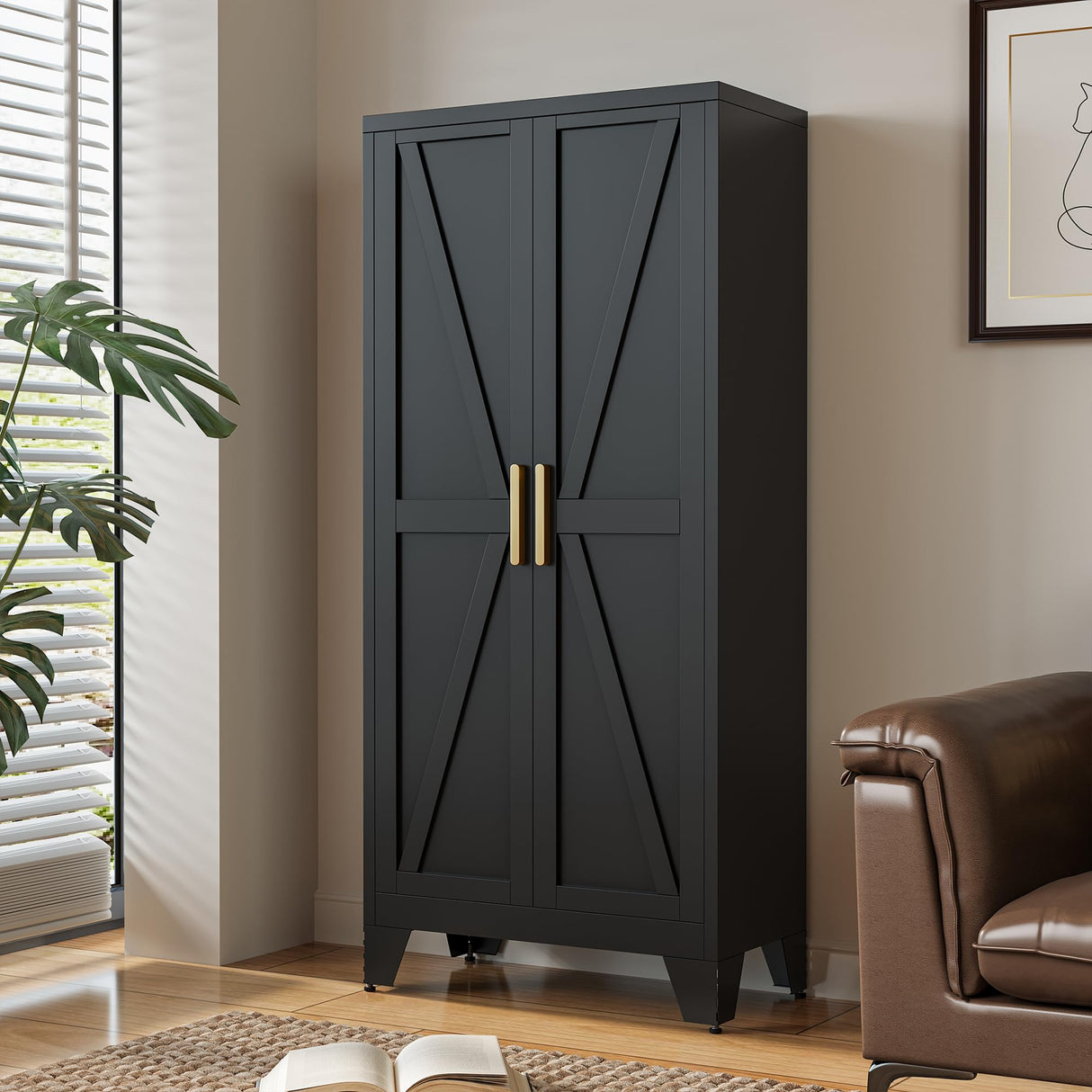 61" Tall Metal Storage Cabinet with 2 Doors and 3 Adjustable Shelves, 4-Tier Kitchen Pantry Storage Cabinet for Kitchen, Living Room, Dining Room and Office, Black LCAOPC