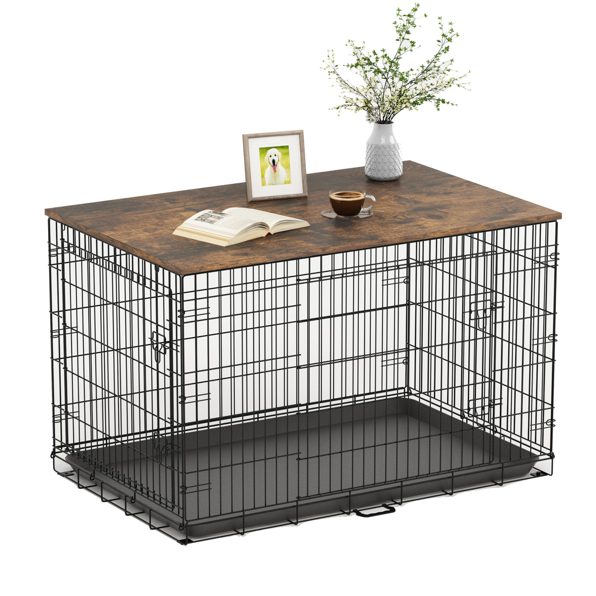 Piskyet Dog Crate Topper Wood Countertop for 48 42 36 30 24 inch Dog Cage, Dog Crate Cover,Dog Kennel Topper(Crate Not Include) (Rustic Brown, for 48 Inch Crate) Piskyet