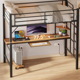 Gizoon Loft Bed Twin Size, Twin Loft Bed with Desk and LED Lights, Charging Sation & Storage Shelves, Heavy Duty Metal Bed Frames with Safety Guard & Ladder, No Box Spring Needed, Space-Saving, Brown Gizoon