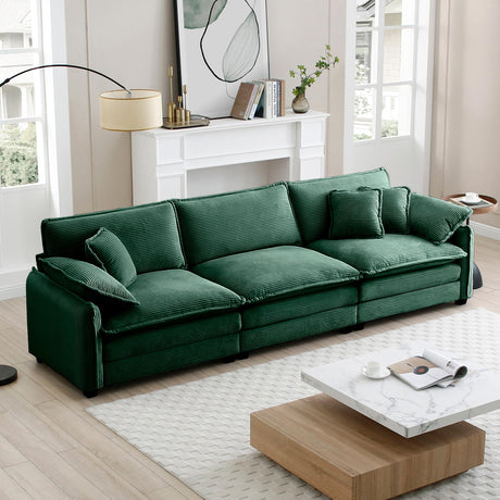 Ball & Cast 115.34" Modular Sectional Sofa Couch, Comfy Corduroy 3 Seat Upholstered Reclining Sofa-Bed w/ 5 Pillows & Removable Back Cushions for Living Room Apartment Office Small Spaces, Green Ball & Cast