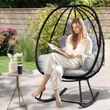 FKSLIFE Wicker Egg Chair Outdoor,Rocking Chair Outdoor with Cushion,330lb Capacity,All-Weather Rattan Patio Egg Chair Lounger for Room,Balcony,Backyard,Garden (Light Grey Cushion) FKSLIFE