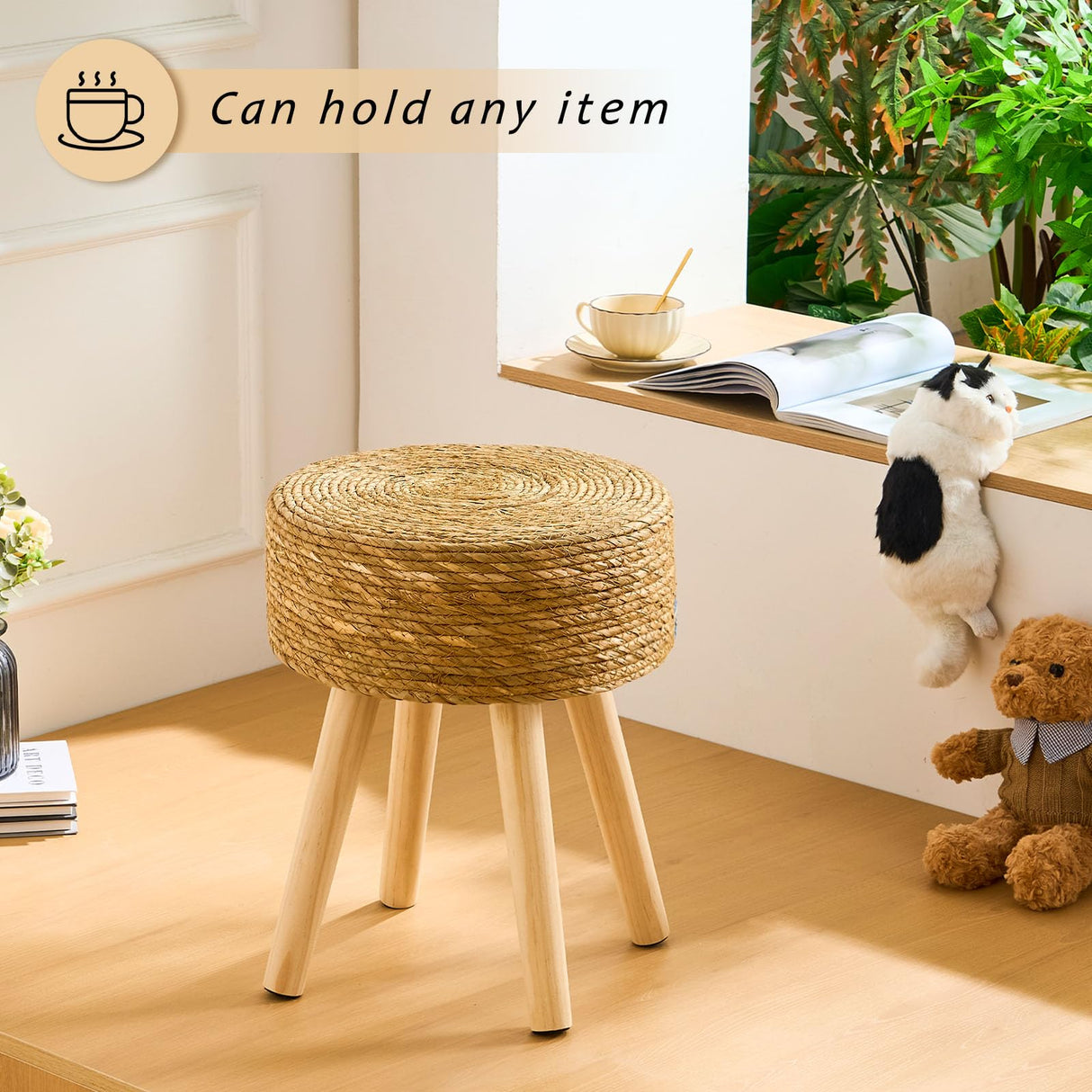 LGENHOOM Natural Handwoven Water Hyacinth Ottoman, Round Footstool with Solid Wood Legs, 17-Inch Multipurpose Vanity Stool, Dining Chair, or Patio Footrest for Balcony and Garden, Original LGENHOOM