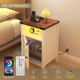 Hlivelood Farmhouse LED Nightstand Set of 2 with Charging Station, Rustic End Table with Barn Door & Storage Shelf, Bedside Table for Bedroom, Living Room, White Hlivelood