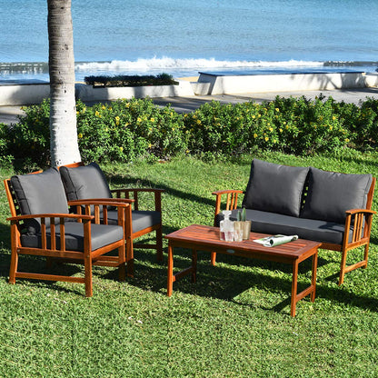 Tangkula 4 PCS Acacia Wood Patio Furniture Set, Outdoor Seating Chat Set with Gray Cushions & Back Pillow, Outdoor Conversation Set with Coffee Table, Ideal for Garden, Backyard, Poolside - WoodArtSupply