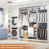 Aheaplus Closet System, Closet Organizer with 3 Wooden Drawers, 8FT Closet Organizer System, 96’’ Walk-in Closet Wardrobe Clothes Rack with Hanging Rods, Garment Rack, Fits 5.3-9 ft, -W3,White Aheaplus